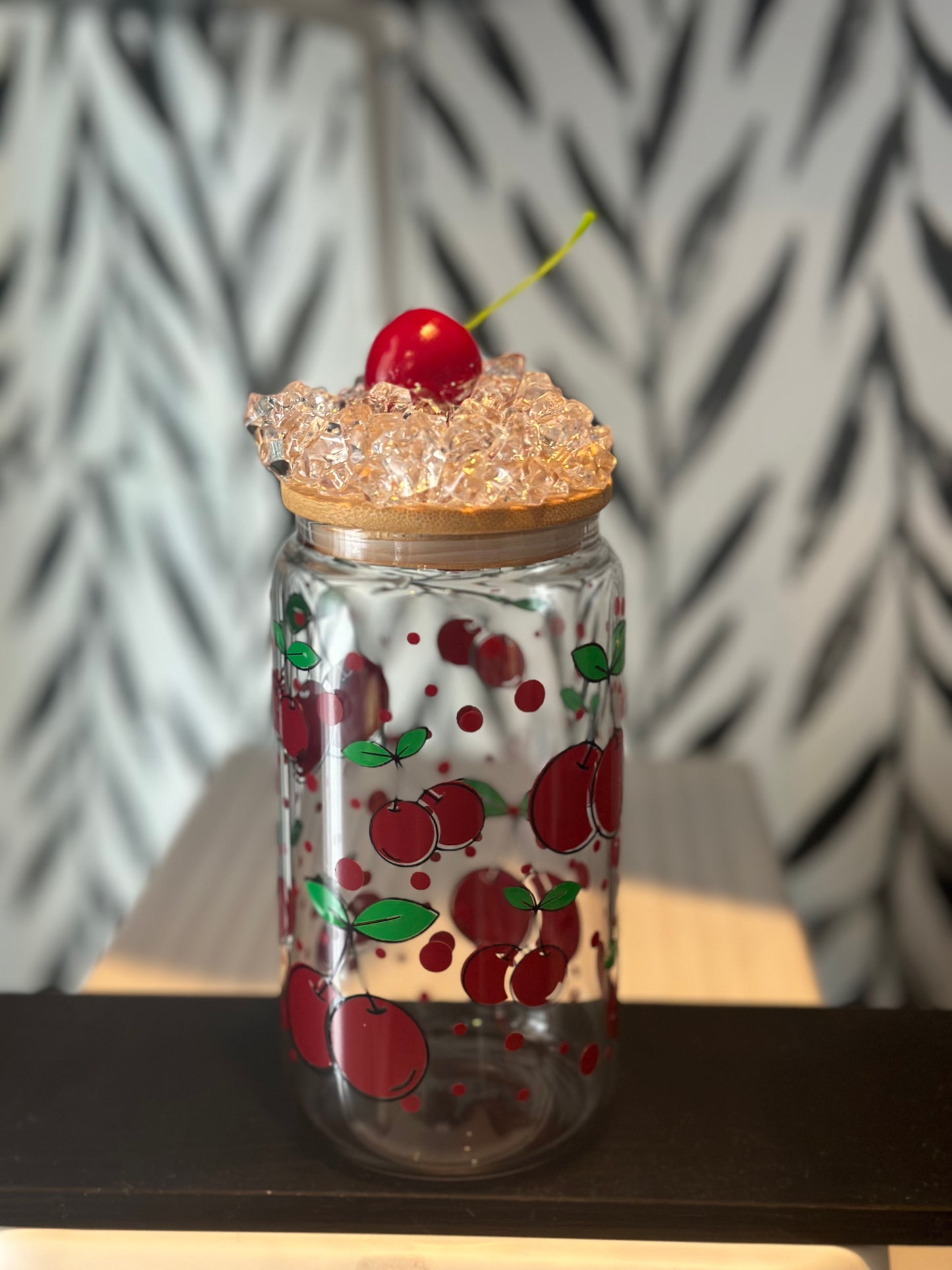 Cherry 16oz Glass Can with Fruit Ice Lid