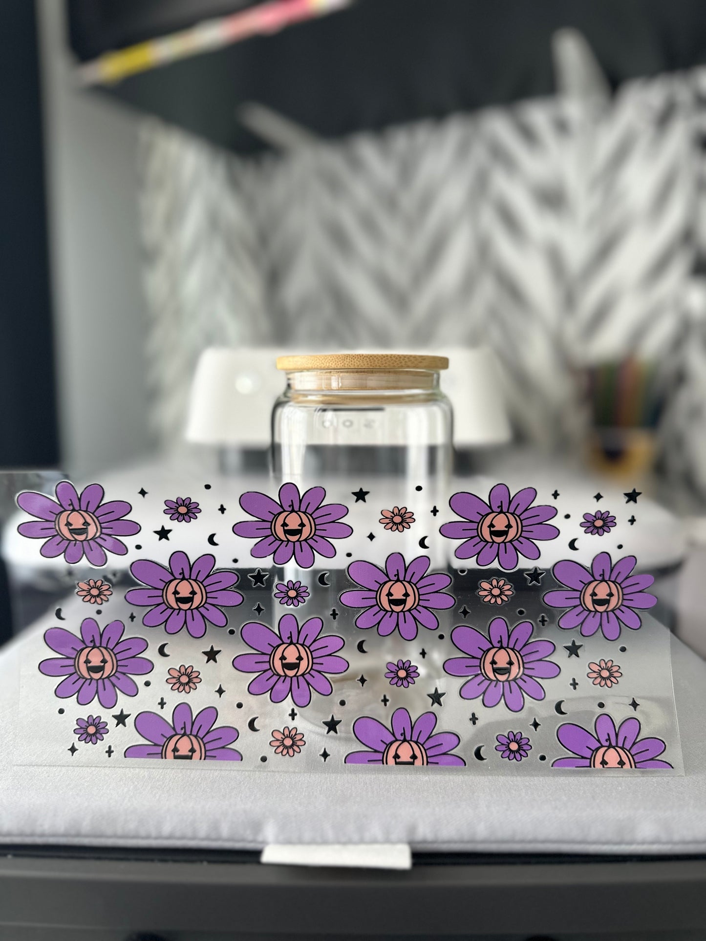 Purple Floral Pumpkin 16oz Glass Can