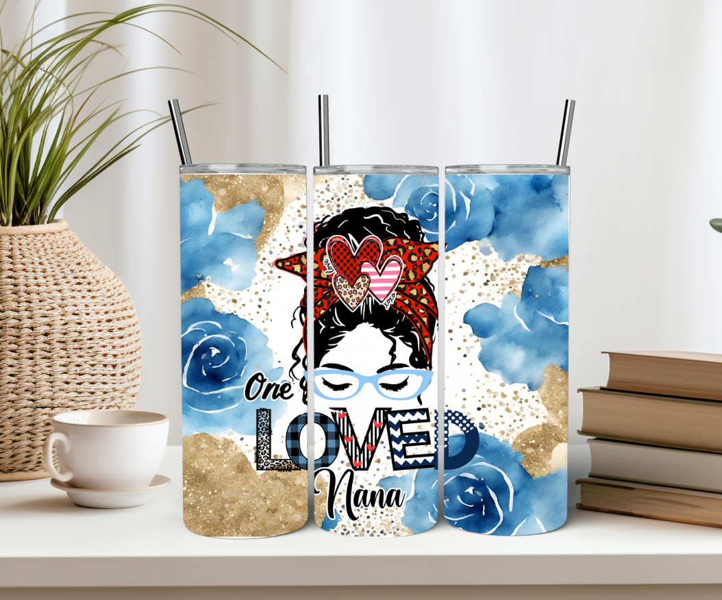 One Loved Nana Tumbler Gift for Grandma Heart, Messy Bun, and Glasses Design 20oz Tumbler Gift for Mom