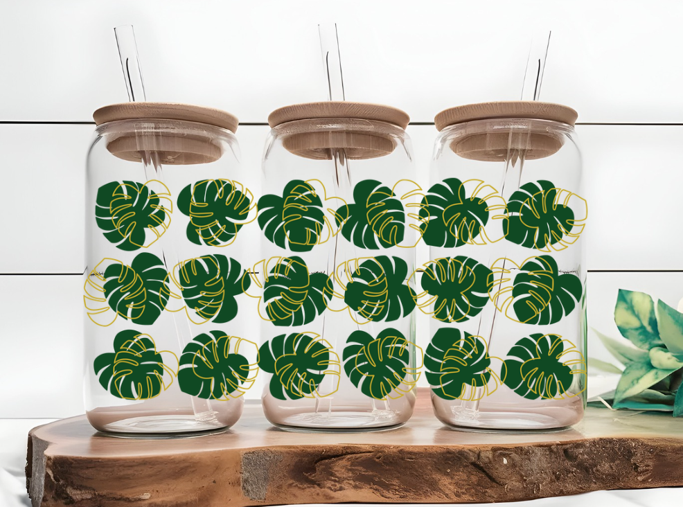 Monstera Leaf 16oz Glass Can for Plant Lovers