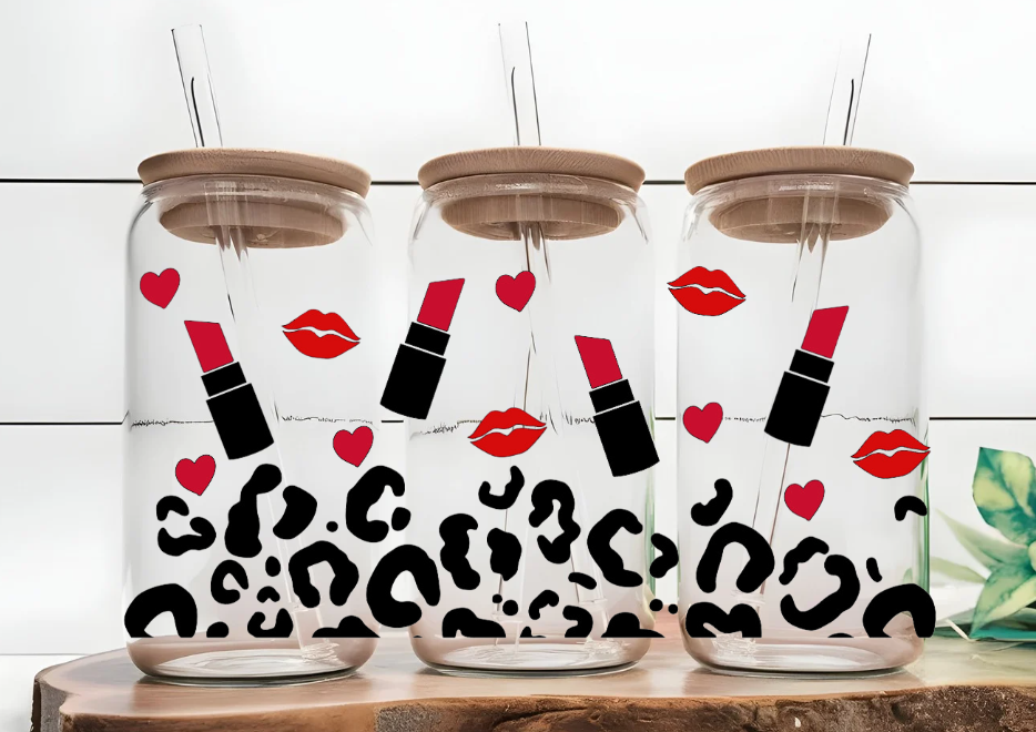 Lipstick Leopard Print 16oz Glass Can