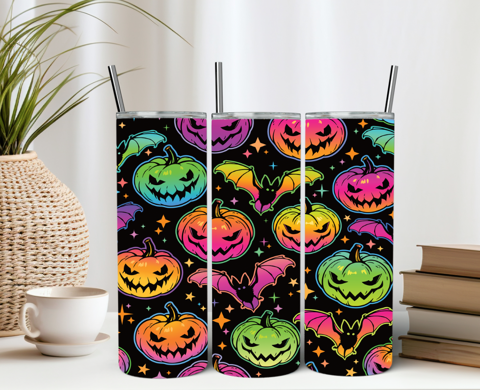 Neon Pumpkin and Bats 20oz Tumbler