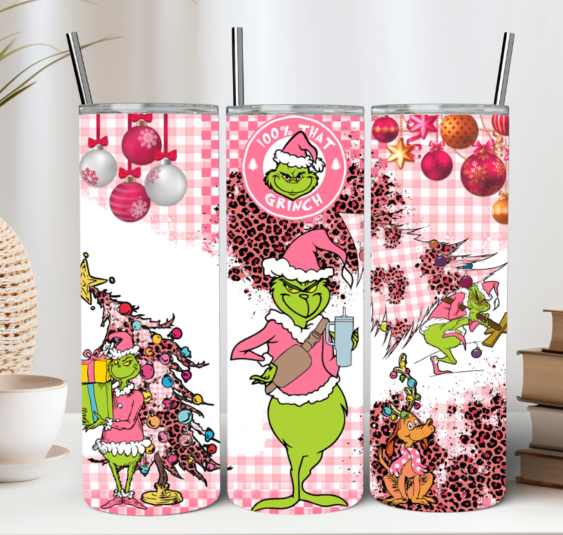Pink Leopard Print Green Man Christmas Tumbler