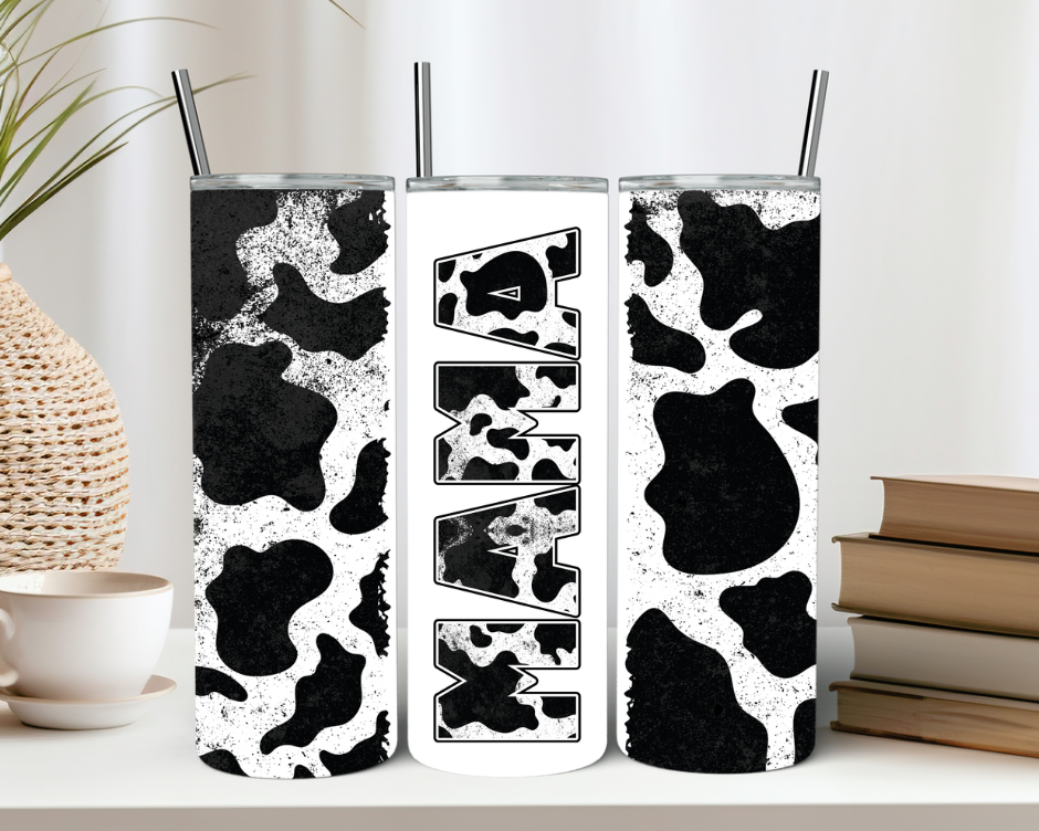 Cow Print Mama Tumbler Black and White Cowhide Tumbler Gift for Her Gift for Western Mama Cow Lover