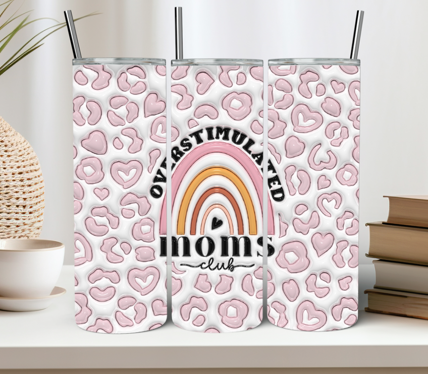 3D Overstimulated Moms Club 20oz Tumbler Pink Heart and Leopard Print Gift for Mama Mothers Day Gift