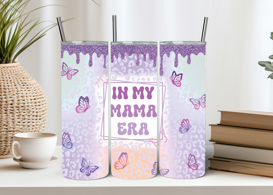 In My Mama Era 20oz Tumbler Purple Glitter Butterfly Mama Tumbler Glitter Drip Design Gift for New Mom