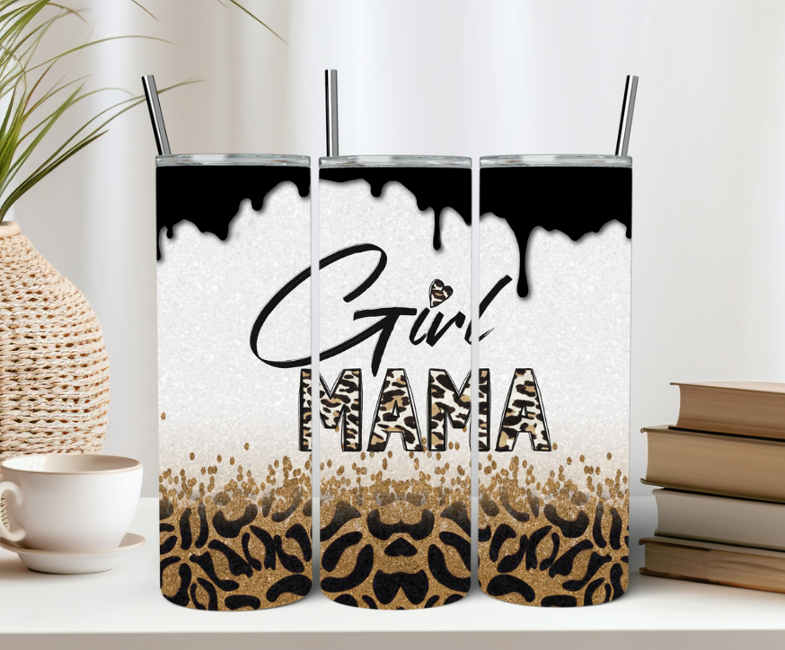 Girl Mama 20oz Tumbler Glitter Leopard Print Paint Drip Design