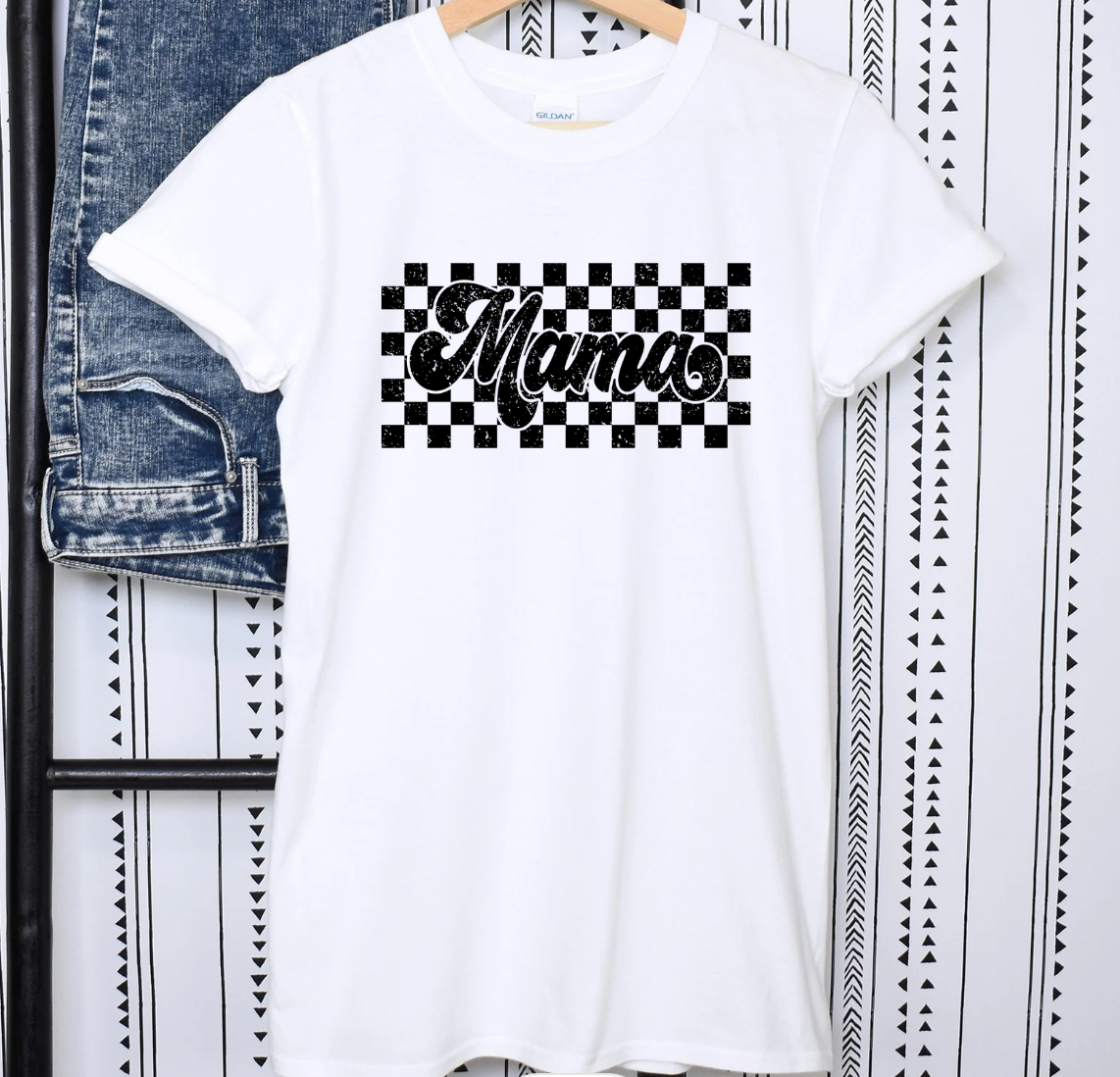 Distressed Checkered Print Mama Shirt