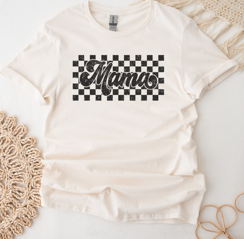 Distressed Checkered Print Mama Shirt