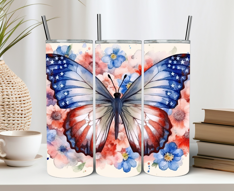 Red White and Blue Water Color Butterfly 20oz Tumbler