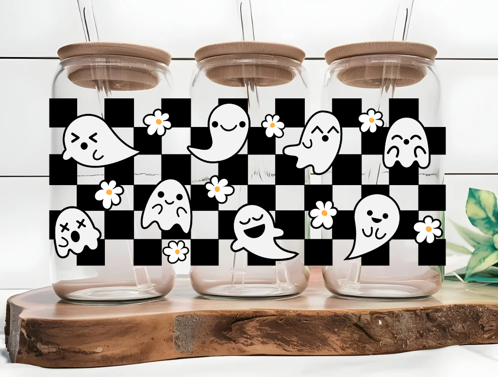 Cute Ghost Daisy Checkered Print 16oz Glass Can