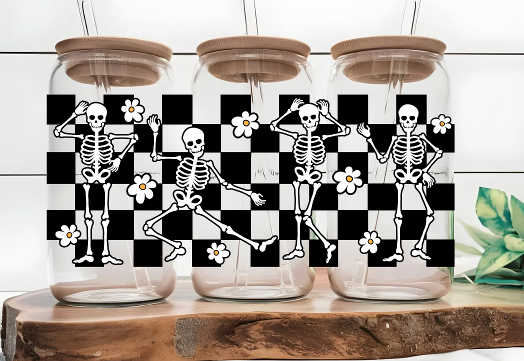 Skeleton Daisy Checkered Print 16oz Glass Can