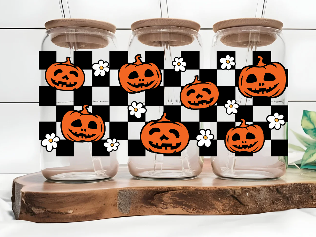 Pumpkin and Daisy Checkered 16oz Glass Can (Copy)
