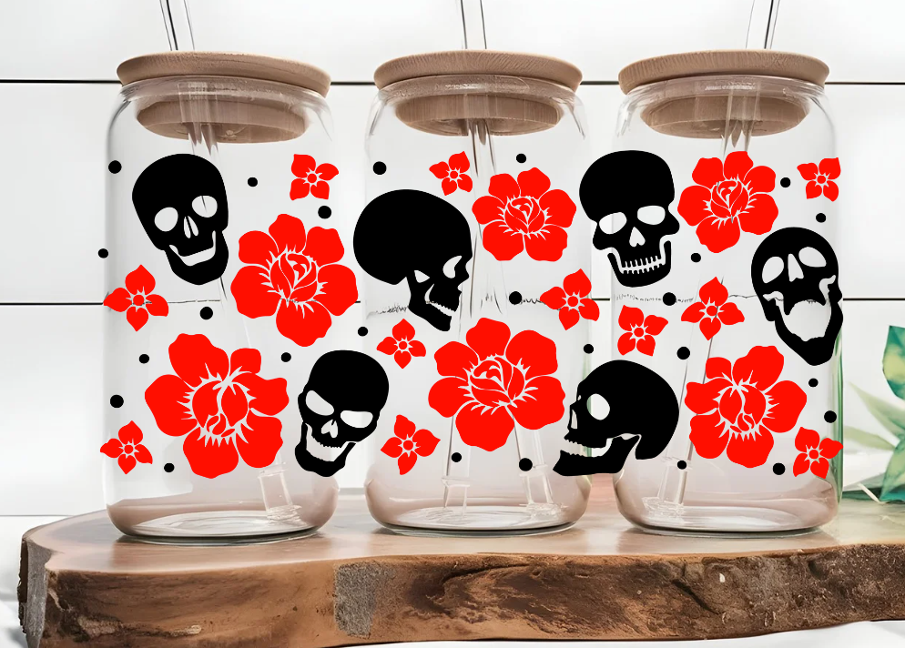 Skelly Head and Roses 16oz Glass Can